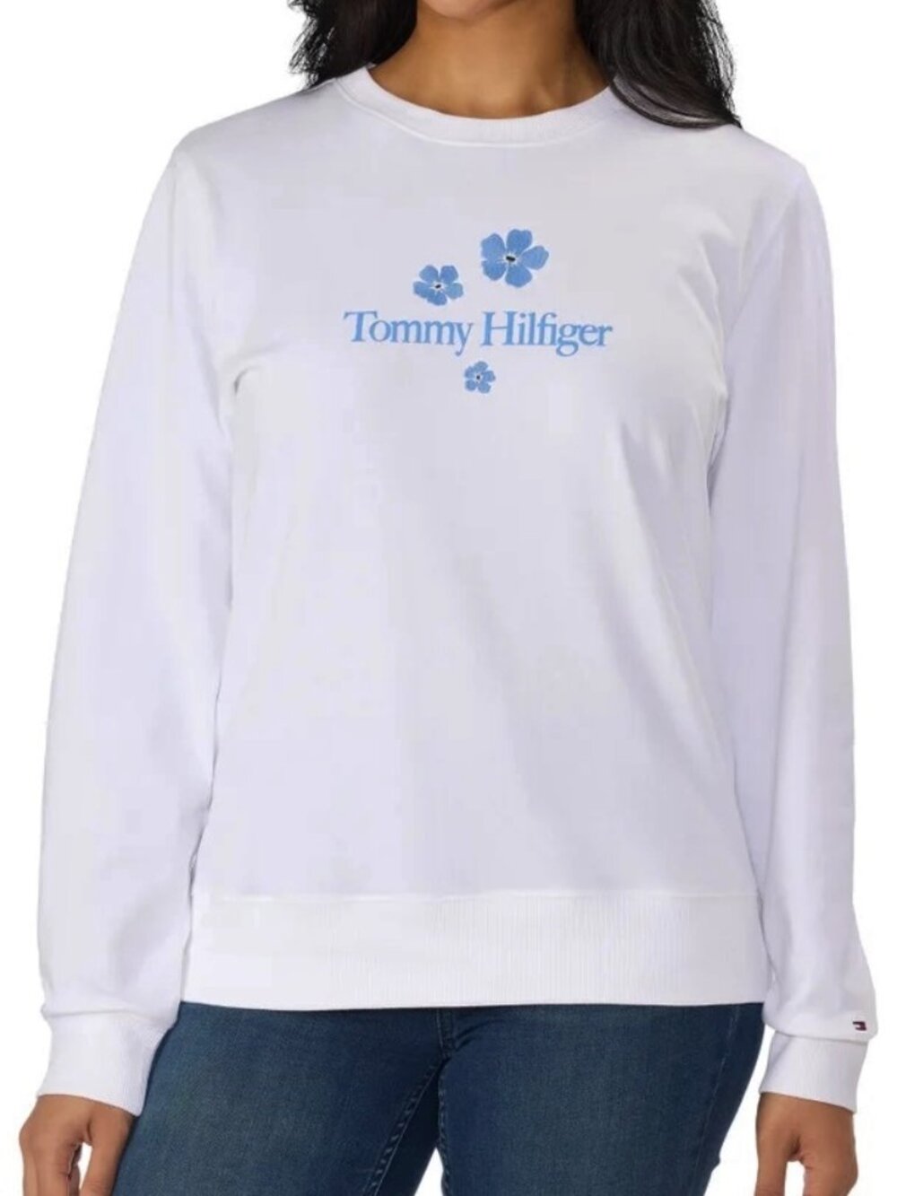 NEW Tommy Hilfiger Women's Crewneck Top Sweatshirt M White Embroidered Flowers
